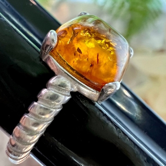 Vintage Designer Baltic Amber Ring. Cable Band Solid 925 Sterling Silver - Picture 2 of 16